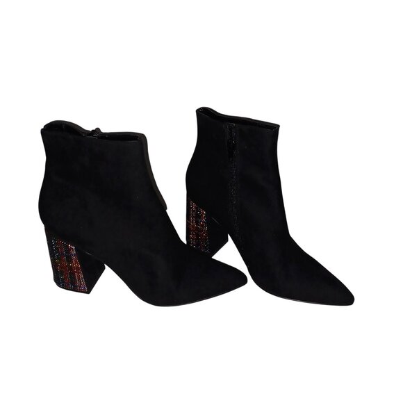 Black Suede Side Zip Pointed Toe Multi Color Rhinestone Block Heel Bootie SZ 7M - Picture 4 of 14